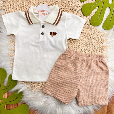 Conj. Camisa Gola Polo Cachorrinho e Bermuda em Linho - Marrom